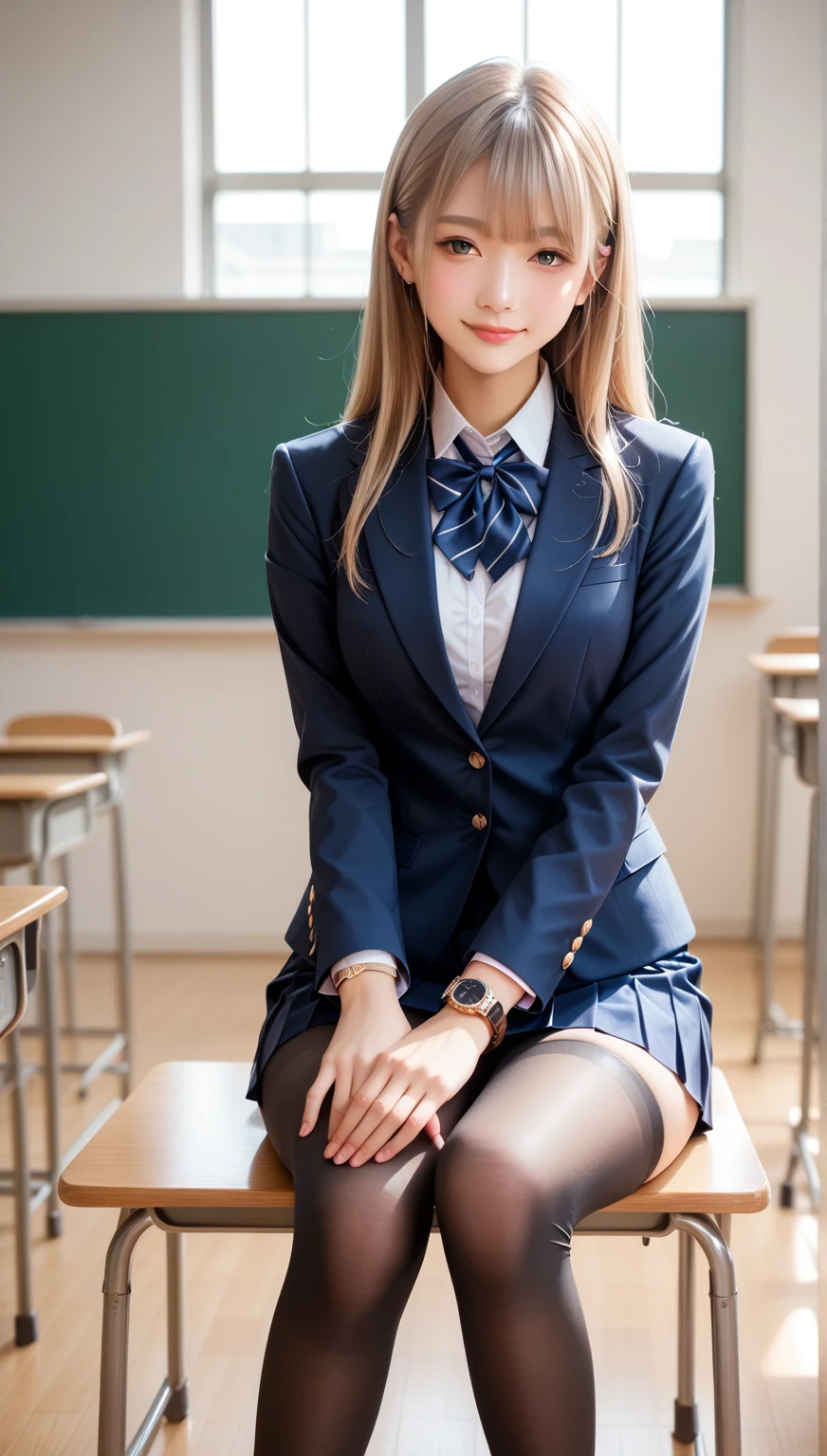   score_9,  score_8_up,  score_7_up, super detailed,  BREAK Complete Anatomy  , 32K,    Masterpiece  ,  best quality, super high definition ,  beautiful face and eye details flooded into the classroom,  beautiful Japanese woman  ,  blonde hair, invalid,smile,steam,  school uniform,  blazer,  Modern style fitted jacket included,short skirt and tights,  Turn your hands backwards, Big Breasts ,  Slouching ,From a viewpoint,  watch viewers,town