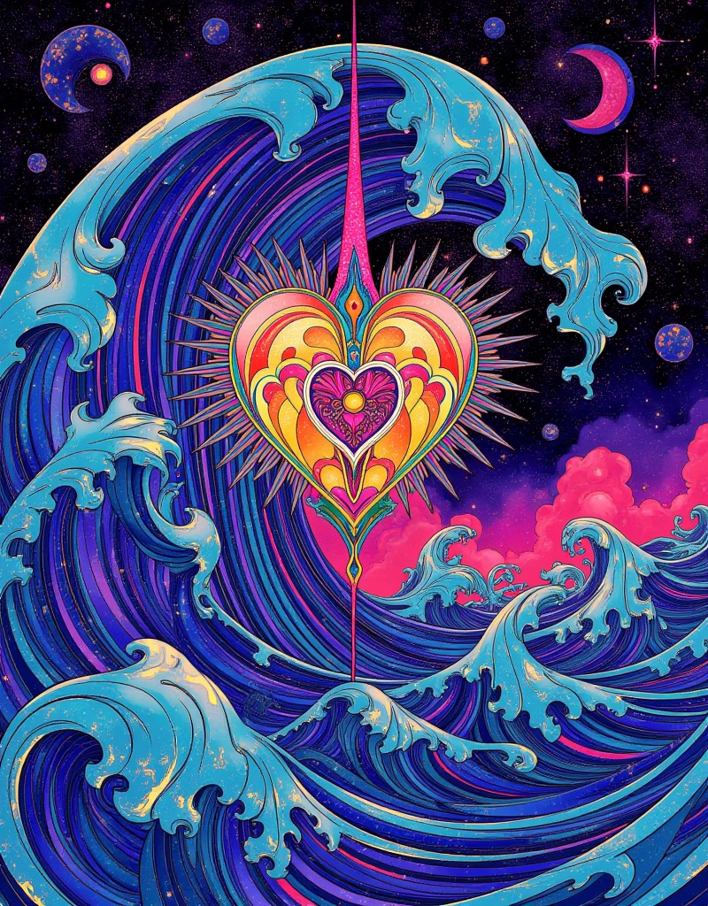 a psychedelic psychedelic wave with a heart in the middle, lsd waves, psychedelic waves, psychedelic art style, infinite psychedelic waves, 70s psychedelic style, psychedelic aesthetic, retro psychedelic illustration, psychedelic illustration, surreal psychedelic design, vaporwave surreal ocean, psychedelic acid trip, psychedelic surreal art, psychedelic style, psychedelic color scheme, psychedelic vibrant colors, colorful and psychedelic