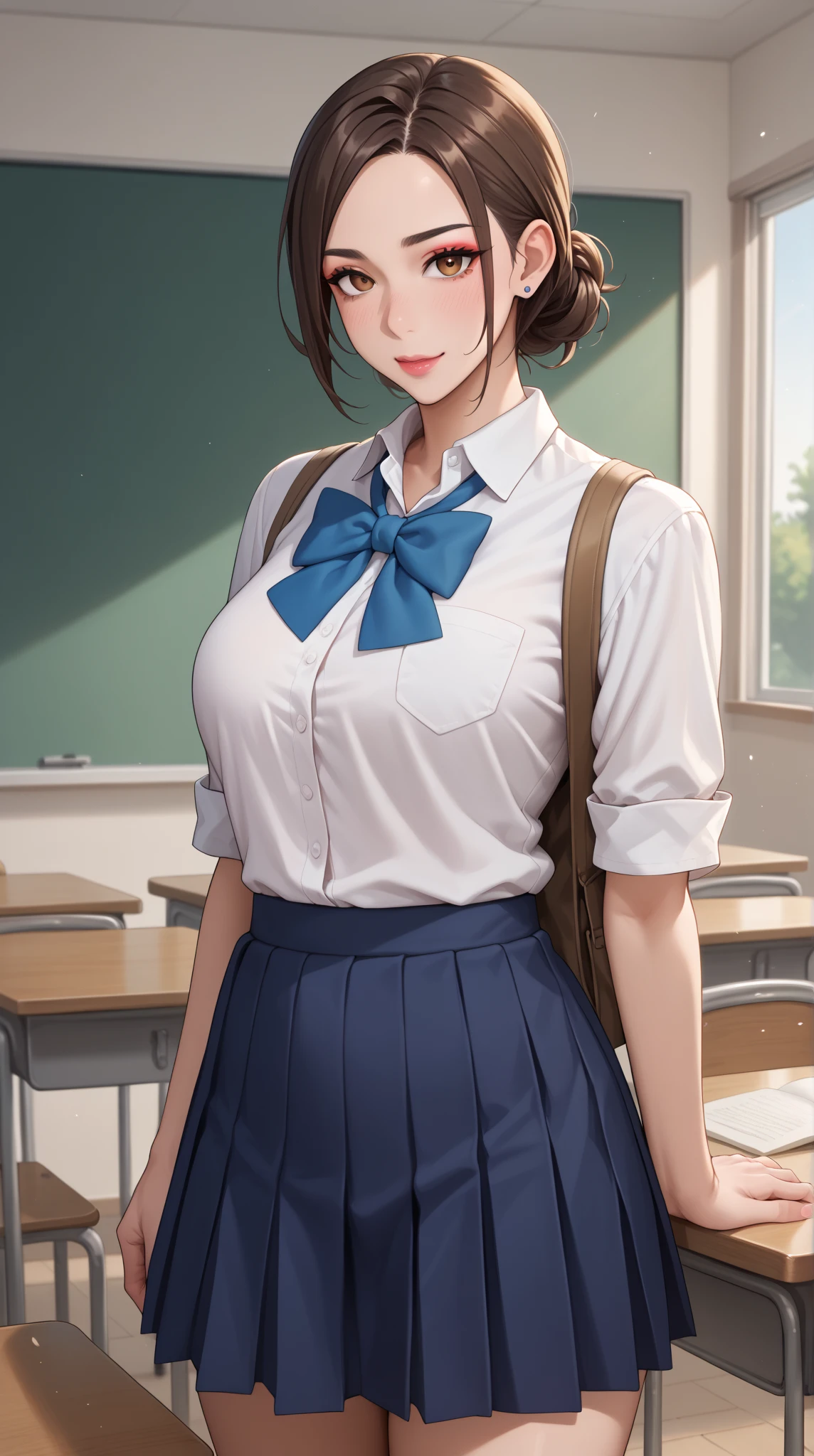 (masterpiece、highest quality)、Beautiful illustrations、Gazing at the viewer、Beautiful thighs、Front view、1 girl、Mature high school girl、A high school girl who looks 25 years old、Shiny skin、(ponytail)、Big eyes、Long eyelashes、very tall、 Beautiful Hair、Beautiful Face、Beautiful Eyes、 Beautiful breasts、Beautiful thighs、Beautiful legs、Beautiful fingers、(((brown knit vest、Short sleeve white collar shirt、Navy Pleated Skirt)))、((Red bow tie))、(In the classroom)、Are standing、((smile))、(((((Skirt lift with both hands、I can see her panties and black pantyhose)))))