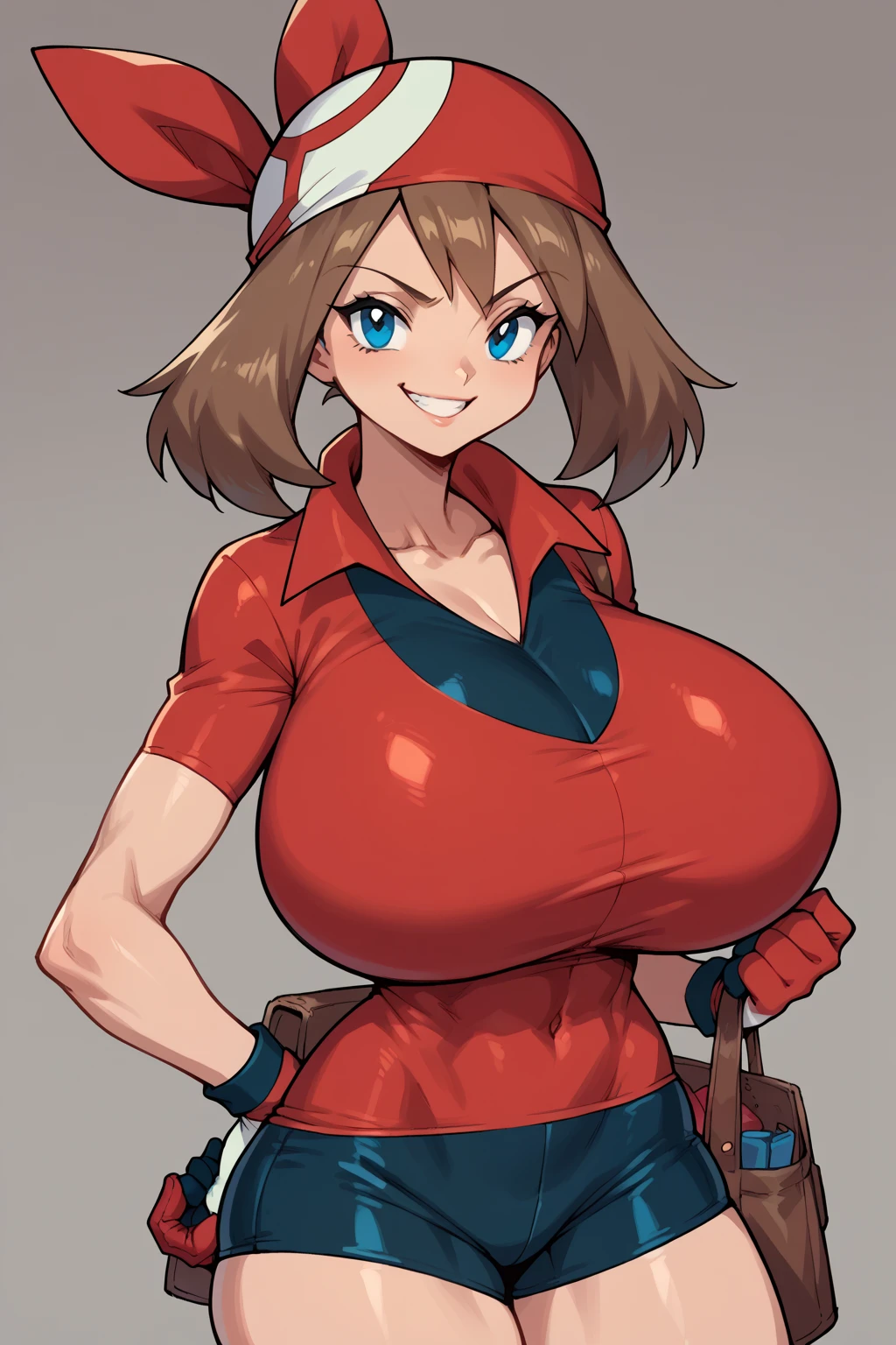 score_9, score_8_up, score_7_up, score_6_up, BREAK, MayPXL, solo, blue eyes, brown hair, short hair, red bandana, red shirt, short sleeves, gloves, black shorts, torso, smug smile, gigantic bust, toned, strong, bimbo body, 