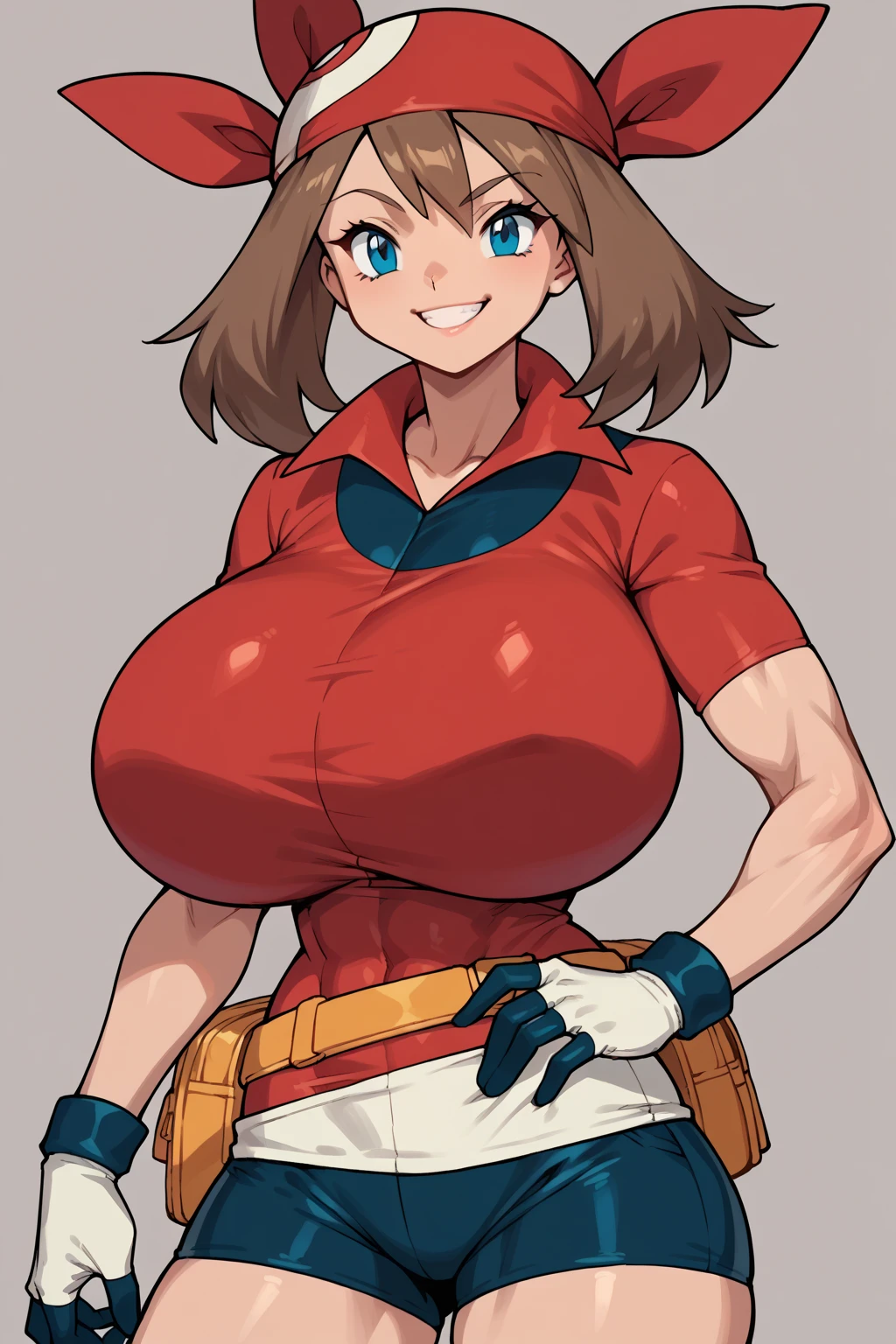 score_9, score_8_up, score_7_up, score_6_up, BREAK, MayPXL, solo, blue eyes, brown hair, short hair, red bandana, red shirt, short sleeves, gloves, black shorts, torso, smug smile, gigantic bust, toned, strong, bimbo body, 