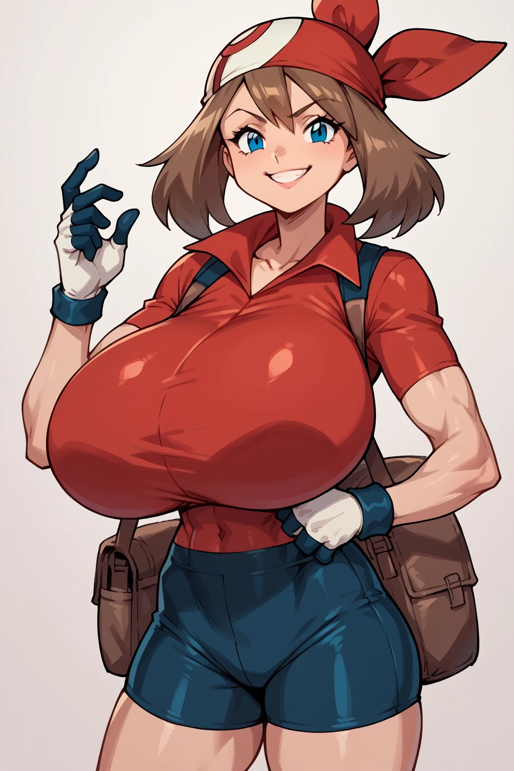 score_9, score_8_up, score_7_up, score_6_up, BREAK, MayPXL, solo, blue eyes, brown hair, short hair, red bandana, red shirt, short sleeves, gloves, black shorts, torso, smug smile, gigantic bust, toned, strong, bimbo body, 