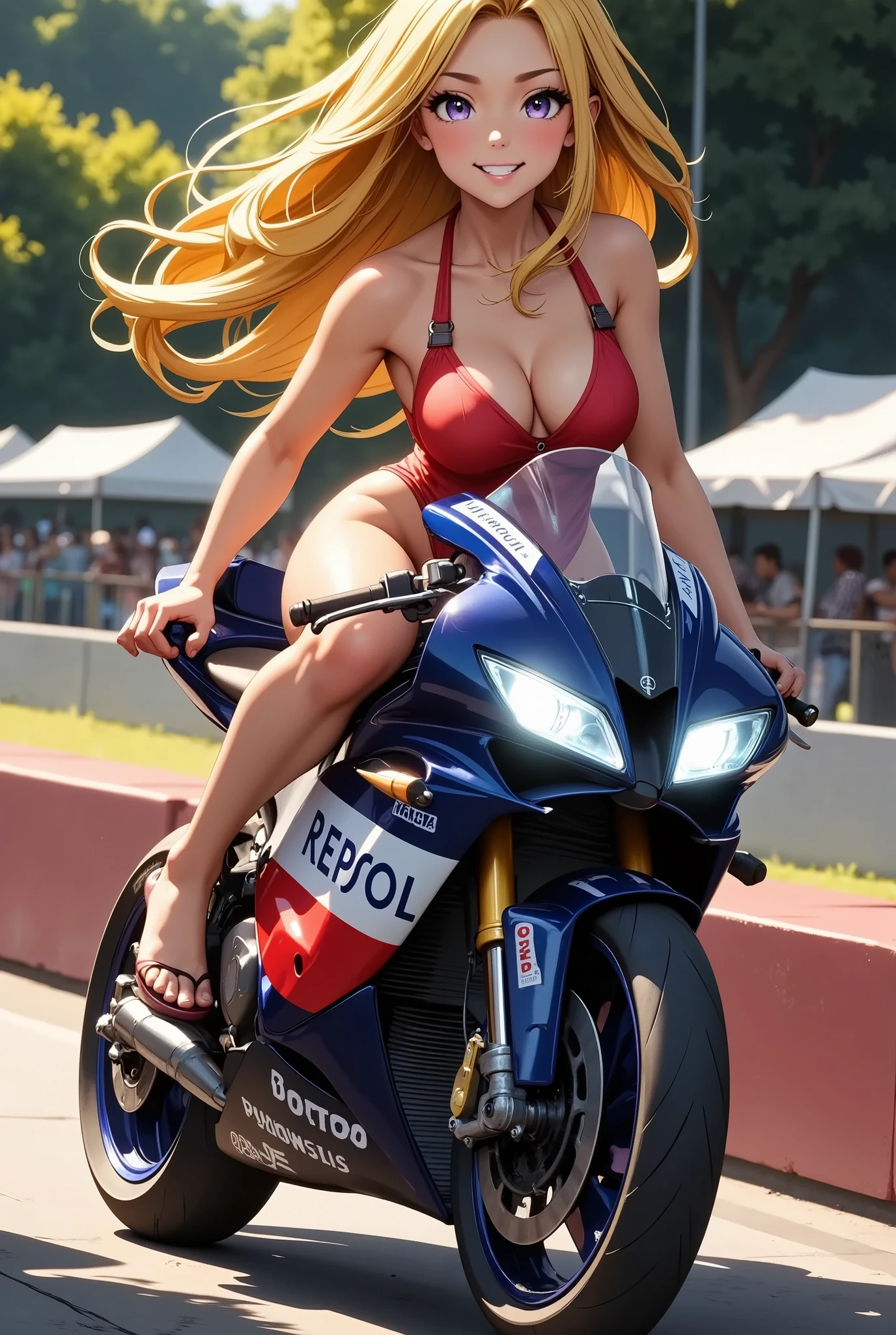 A JK is riding a HONDA　Repsol 　 motogp, glossy brown skin, small breasts, video, Yellow Hair,  inviting, top quality,  textured skin, 細い足 、 high heels、 movie light effect, 