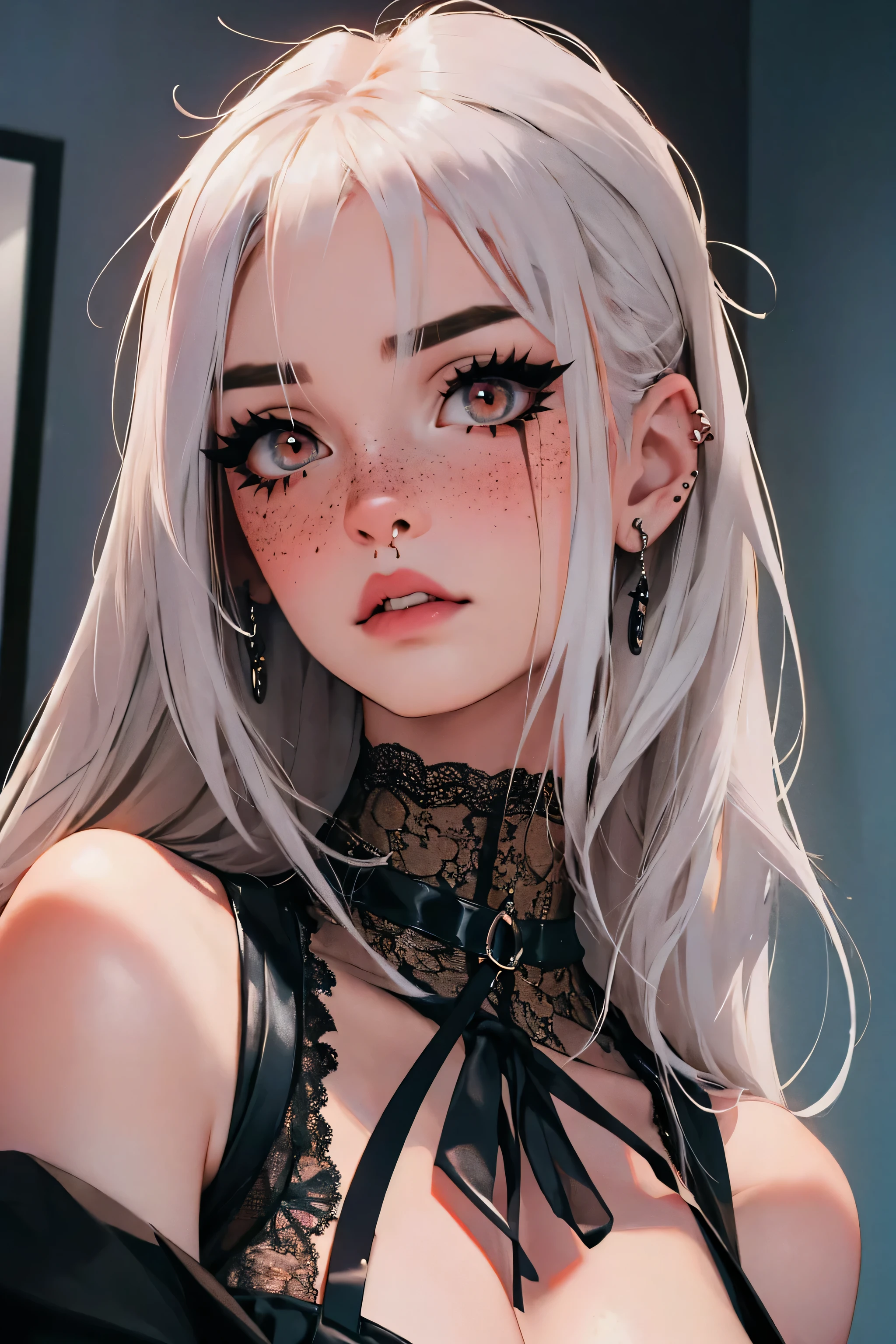 24 year old girl, influencer, model, beautiful, mascara, nose blush, freckles,  lace clothing, piercings, tattoos, slender, slim, stunningly pretty, perfect skin, vampire hunter out looking for her mark, holding katana