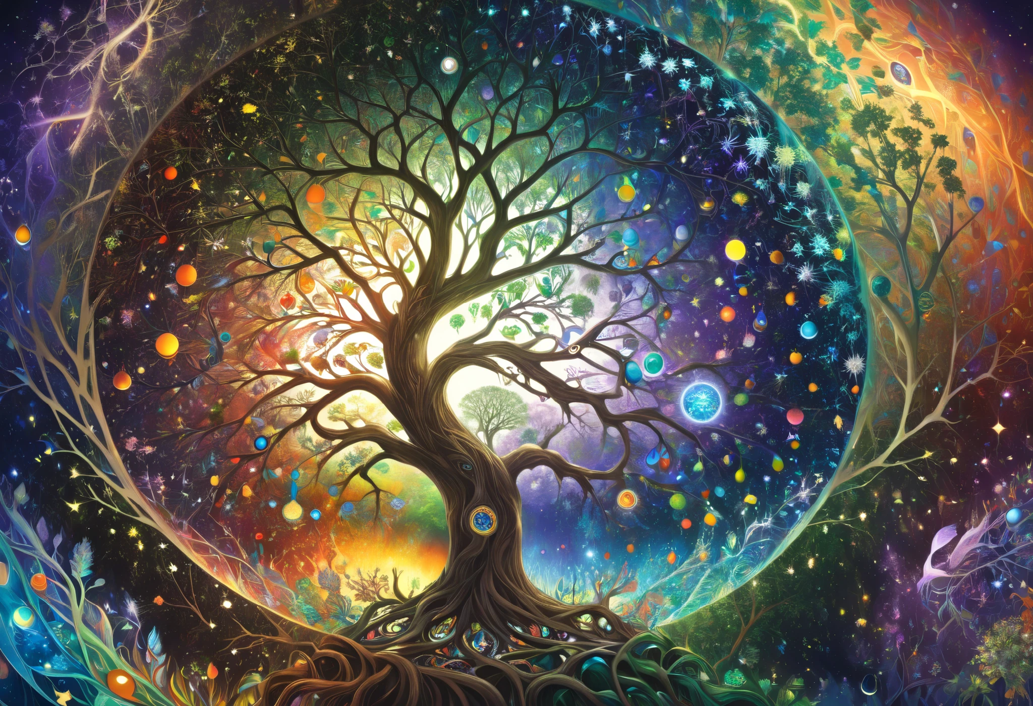 a colorful mystical tree of life in a room, the world tree, the tree of life, the seed of doubt, the tree of life, the world tree, the cosmic tree, the tree of life inside a glass sphere, an extremely intricate visionary art, a collective civilization tree, a foresighted artistic style, a meticulous oil painting, a stained glass mosaic by maxim verehine