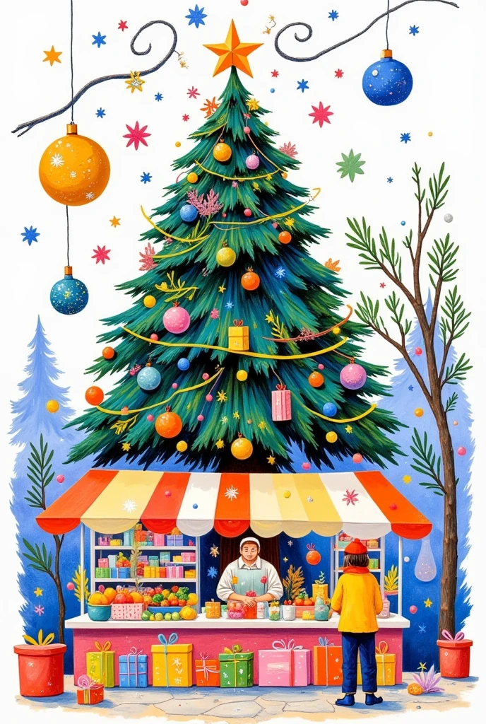 A Christmas tree and market stall with gifts, fruits, and vegetables in the snow, in the style of David Hockney. The painting features bright colors, a pastel palette, and soft brush strokes, using the medium of gouache. The Christmas tree is decorated with colorful lights, and greenery adorns the top. A warm light illuminates the stalls, which are full of presents, creating a festive Christmas atmosphere on a sunny day in the city street.