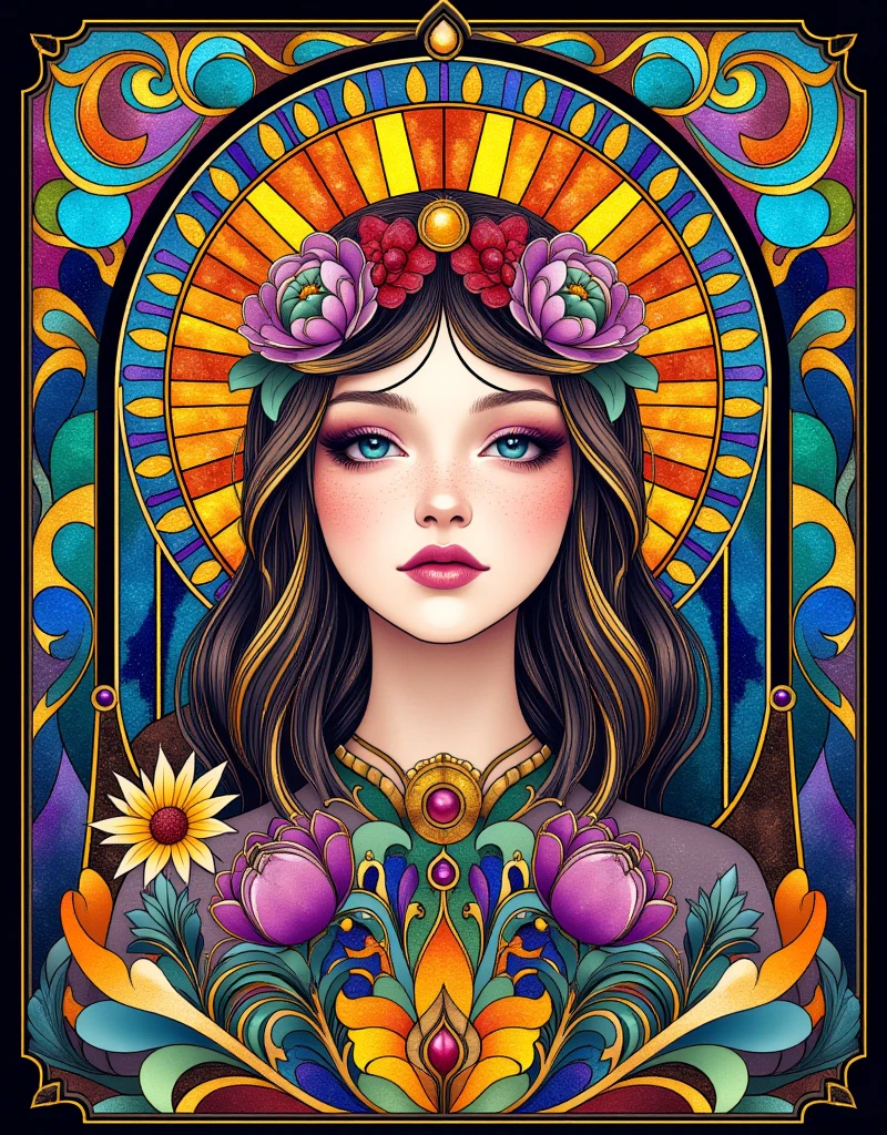 Stained Glass, a woman with long hair and flowers in her hair, hippie girl, beautiful retro art, hot summertime hippie, 7 0 s vibe, 1960s flower power hippy, groovy vibe, art deco flower shaman, woman in flowers, mucha vibe, flower , 70s psychedelic style, 7 0 s vintage art, psychedelic art nouveau, ArsMJStyle, Art Deco, in the style of james-jean