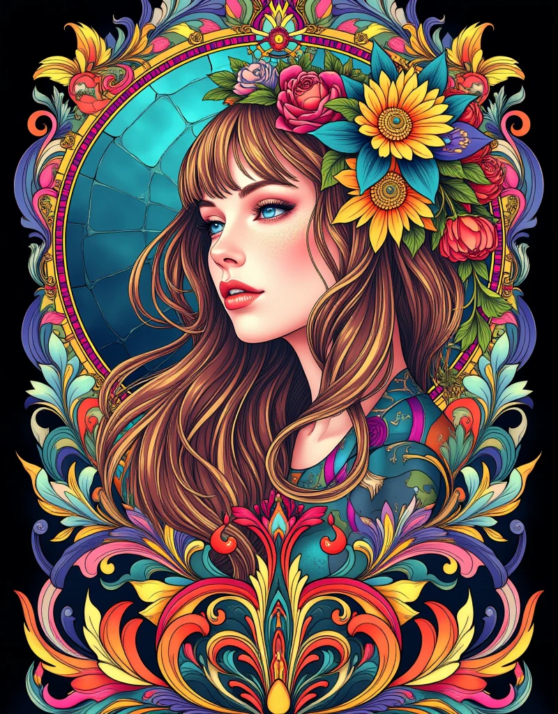 Stained Glass, a woman with long hair and flowers in her hair, hippie girl, beautiful retro art, hot summertime hippie, 7 0 s vibe, 1960s flower power hippy, groovy vibe, art deco flower shaman, woman in flowers, mucha vibe, flower , 70s psychedelic style, 7 0 s vintage art, psychedelic art nouveau, ArsMJStyle, Art Deco, in the style of james-jean