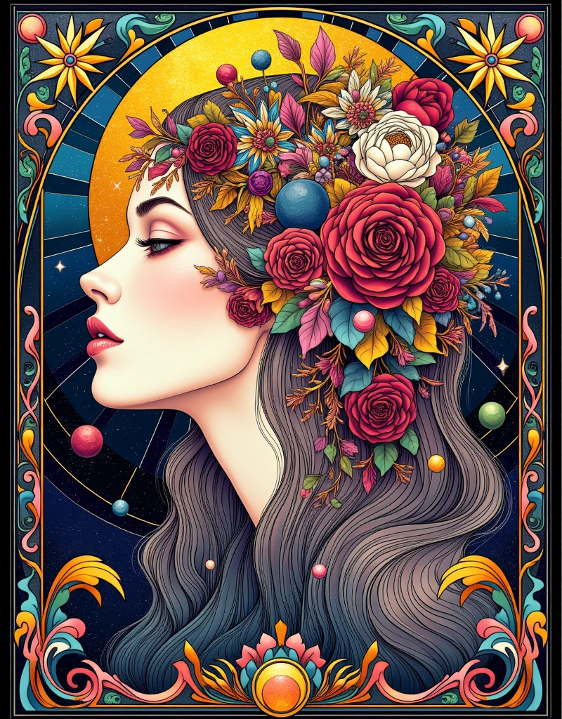 Stained Glass, a woman with long hair and flowers in her hair, hippie girl, beautiful retro art, hot summertime hippie, 7 0 s vibe, 1960s flower power hippy, groovy vibe, art deco flower shaman, woman in flowers, mucha vibe, flower , 70s psychedelic style, 7 0 s vintage art, psychedelic art nouveau, ArsMJStyle, Art Deco, in the style of james-jean