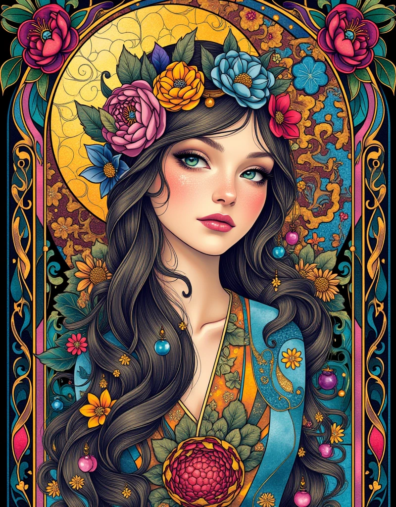 Stained Glass, a woman with long hair and flowers in her hair, hippie girl, beautiful retro art, hot summertime hippie, 7 0 s vibe, 1960s flower power hippy, groovy vibe, art deco flower shaman, woman in flowers, mucha vibe, flower , 70s psychedelic style, 7 0 s vintage art, psychedelic art nouveau, ArsMJStyle, Art Deco, in the style of james-jean