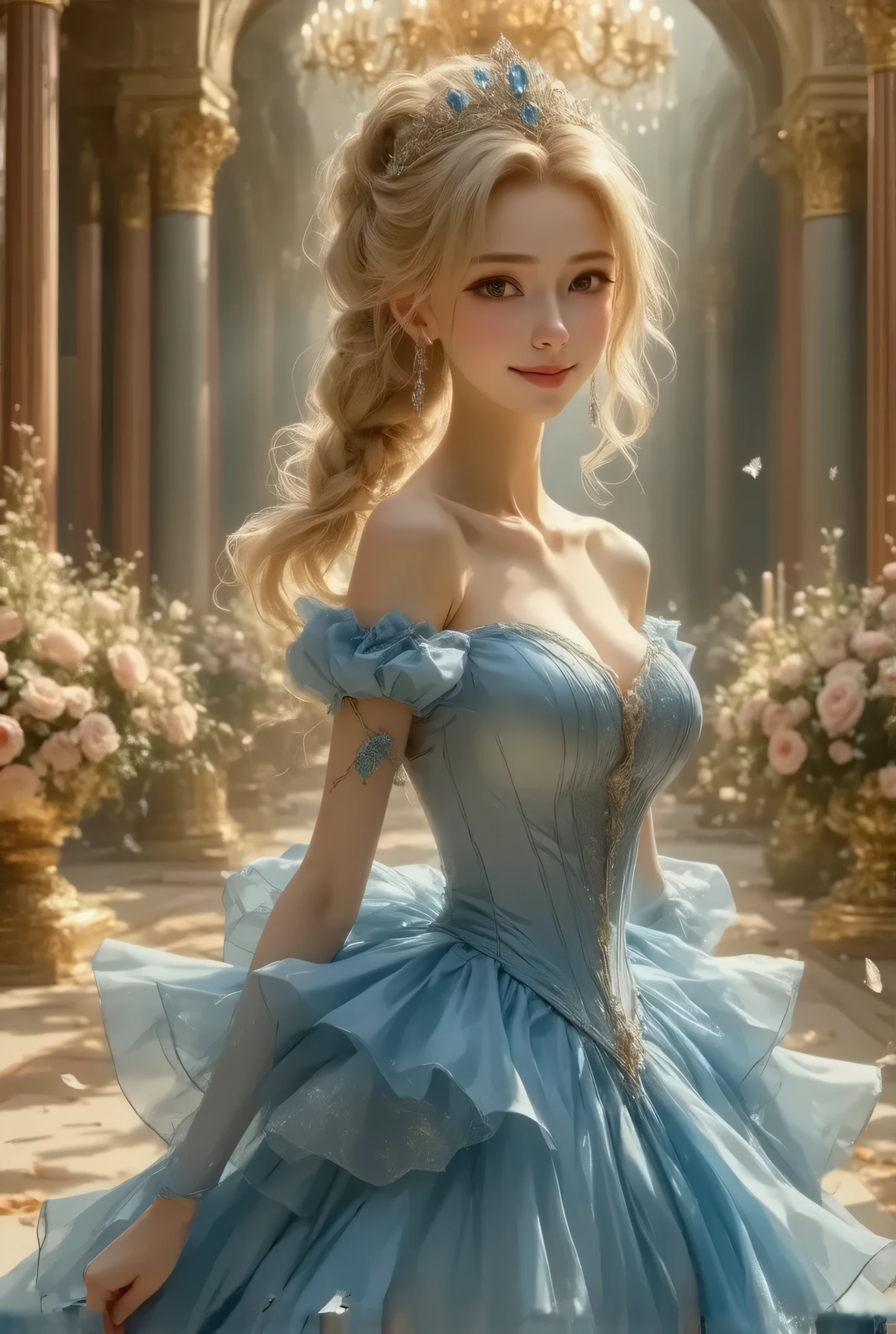 Dramatic composition, Court dress, Royal, nice, Cascading Ruffles, Raffle, bow,  Crystal Chandelier , Swirl Hairstyles, Place,   drill-like double ponytail ,  camera , bangs,   Maximalism  , Palace-like background, Delicate depiction of hair and eyes,  Princess Dress , nice skirts, Flowers in hands, smile, Starry Eyes, Cinematic Light, Extremely detailed,   High Definition ,  happy girl ,  long hair,  diamond with s, broken  diamond with s, Crystal Fragment, Particles of light