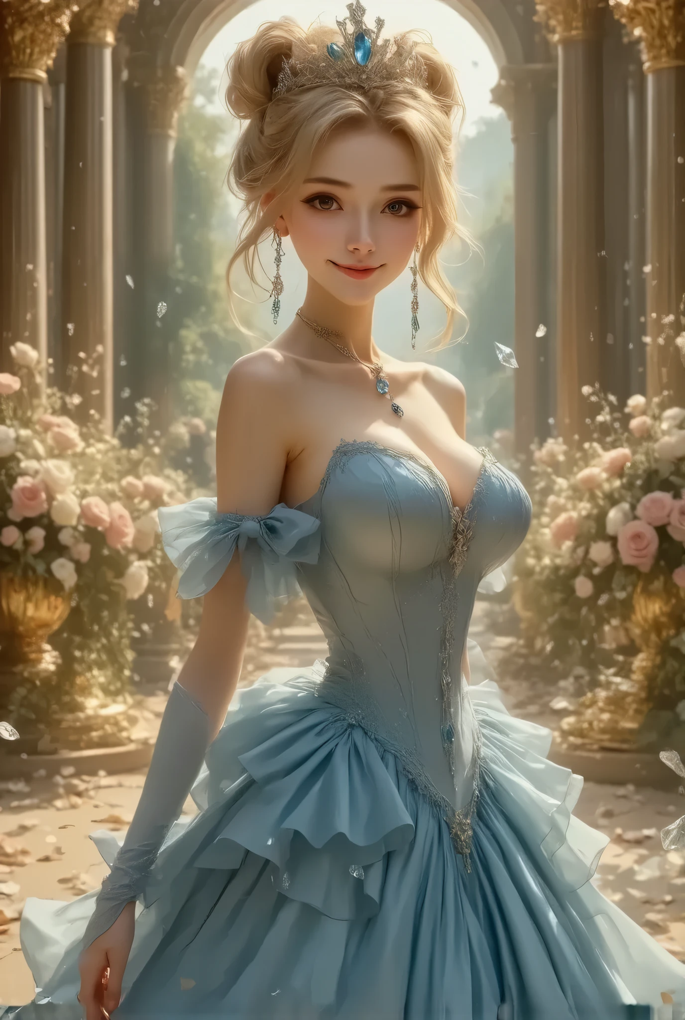 Dramatic composition, Court dress, Royal, nice, Cascading Ruffles, Raffle, bow,  Crystal Chandelier , Swirl Hairstyles, Place,   drill-like double ponytail ,  camera , bangs,   Maximalism  , Palace-like background, Delicate depiction of hair and eyes,  Princess Dress , nice skirts, Flowers in hands, smile, Starry Eyes, Cinematic Light, Extremely detailed,   High Definition ,  happy girl ,  long hair,  diamond with s, broken  diamond with s, Crystal Fragment, Particles of light