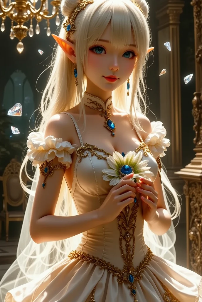 Dramatic composition, Court dress, Royal, nice, Cascading Ruffles, Raffle, bow,  Crystal Chandelier , Swirl Hairstyles, Place,  drill-like double ponytail ,  camera , bangs,  Maximalism  , Palace-like background, Delicate depiction of hair and eyes,  Princess Dress , nice skirts, Flowers in hands, smile, Starry Eyes, Cinematic Light, Extremely detailed,  High Definition ,  happy girl ,  long hair,  diamond with s, broken  diamond with s, Crystal Fragment, Particles of light