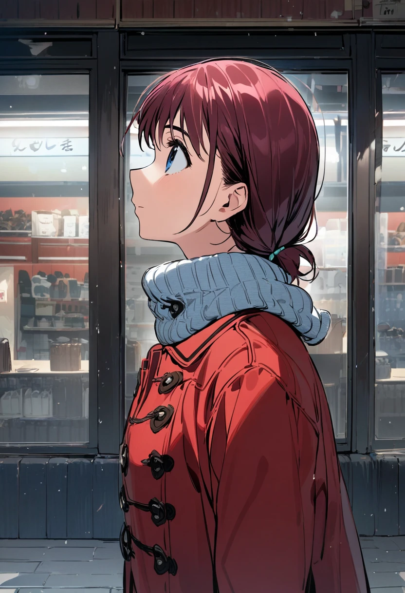   girl, Iseri Nina ,profile, in front of the store, looking up at the sky,Red Duffle Coat , muffler ,masterpiece,   top quality , 