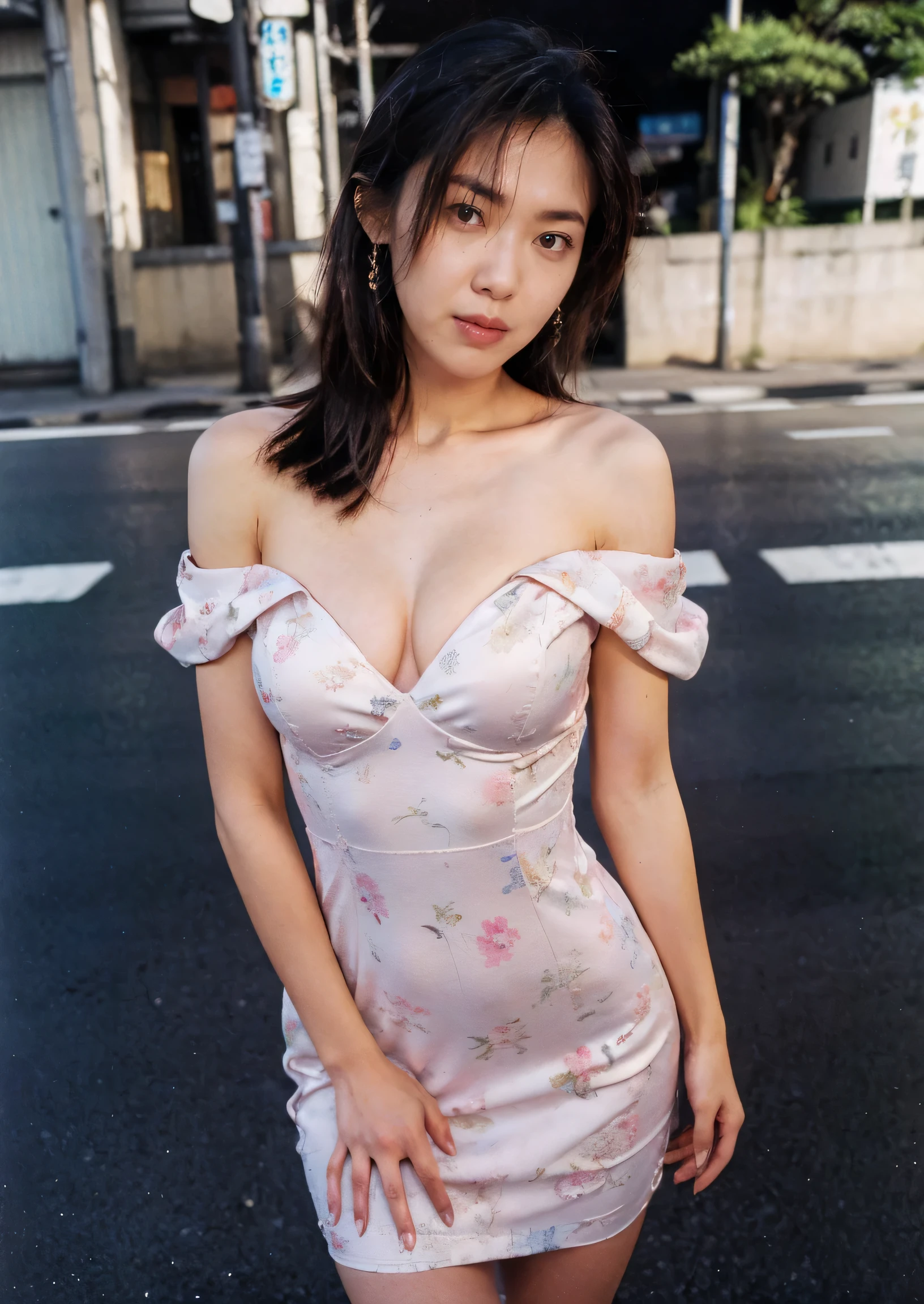 Very detailed CG Unity 8k wallpaper, Highest quality, Very detailed, masterpiece, Realistic, photo Realistic, Very detailedかわいい女の子,(sexy dress:1.2), Big Breasts、blush, Lips parted, View your viewers , upper body , (crowd), (On the streets of Tokyo) ,laugh out loud