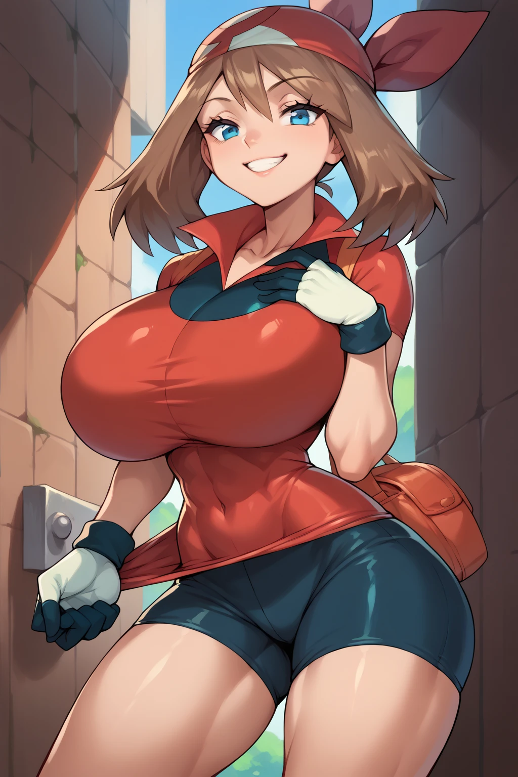 score_9, score_8_up, score_7_up, score_6_up, BREAK, zzMay, solo, blue eyes, brown hair, short hair, red bandana, red shirt, short sleeves, gloves, black shorts, torso, smug smile, gigantic bust, toned, strong, bimbo body, 