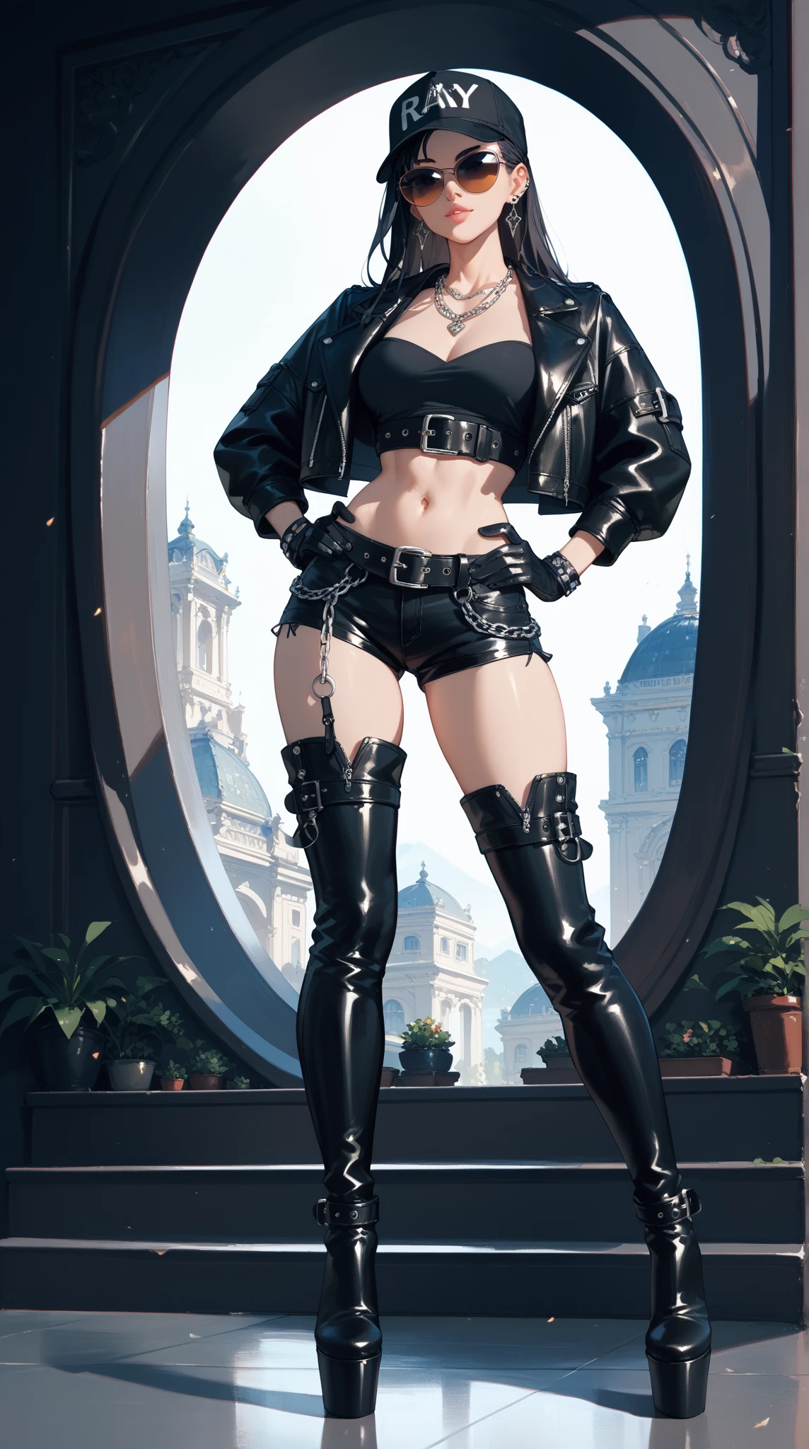  extra long platform thigh-high boots　Full body painting　cap black short leather jacket　 necklace　 black leather hotpants 　 thick belt　Black gloves　 necklace　 large belt buckle　Tall, long-legged woman　Chain wallet 　 long black hair 　 sunglasses　Hands on hips　earring single