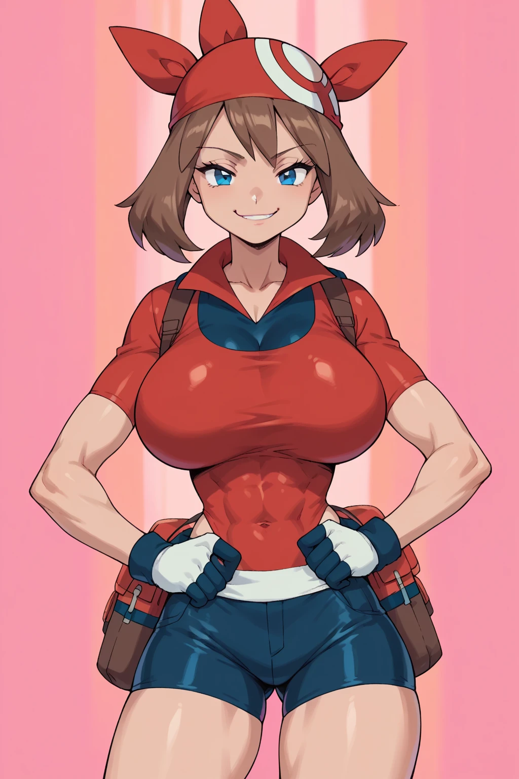 score_9, score_8_up, score_7_up, score_6_up, BREAK, pokemonmay, solo, blue eyes, brown hair, short hair, red bandana, red shirt, short sleeves, gloves, black shorts, torso, smug smile, gigantic bust, toned, strong, bimbo body, 