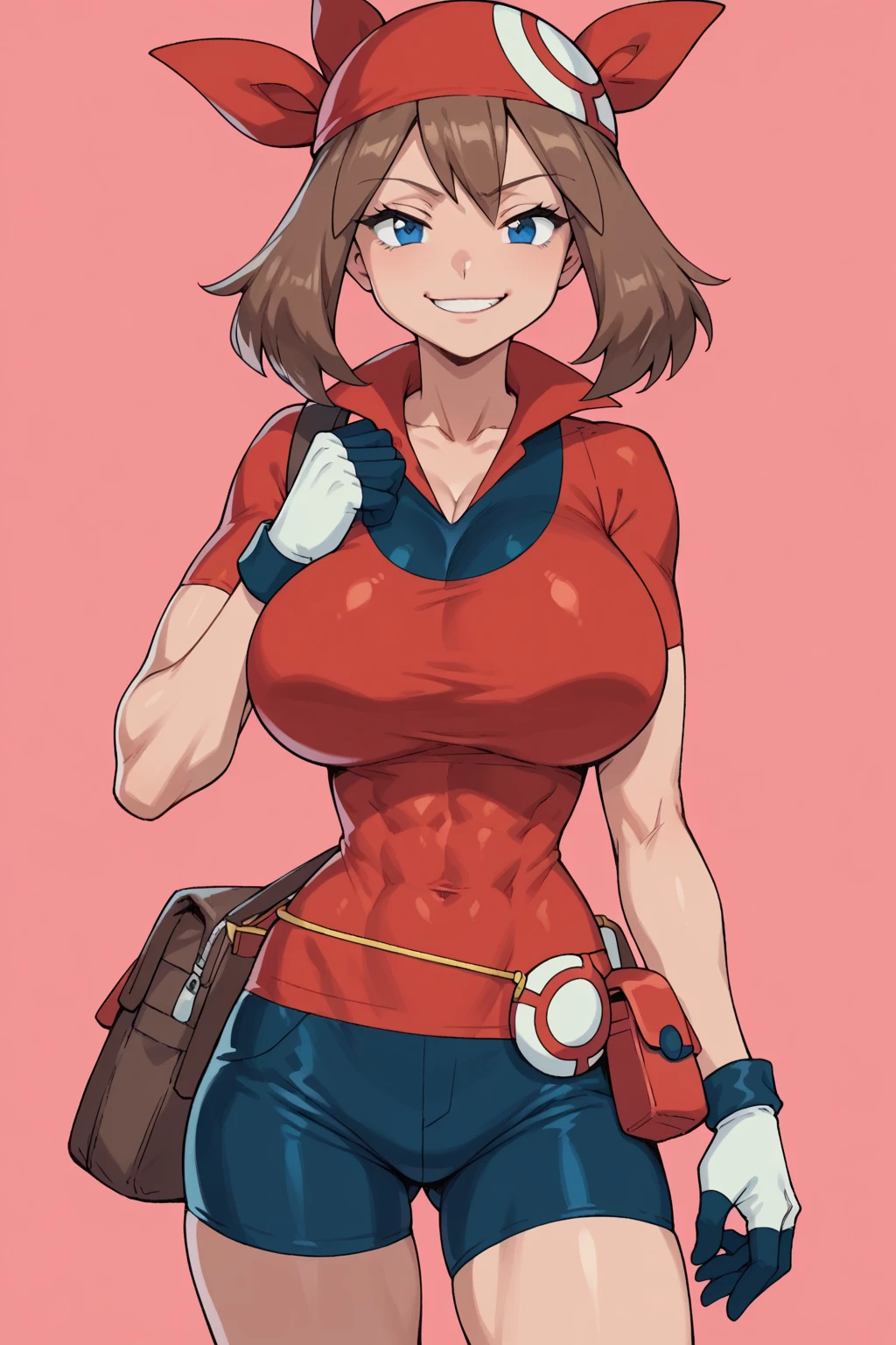 score_9, score_8_up, score_7_up, score_6_up, BREAK, pokemonmay, solo, blue eyes, brown hair, short hair, red bandana, red shirt, short sleeves, gloves, black shorts, torso, smug smile, gigantic bust, toned, strong, bimbo body, 