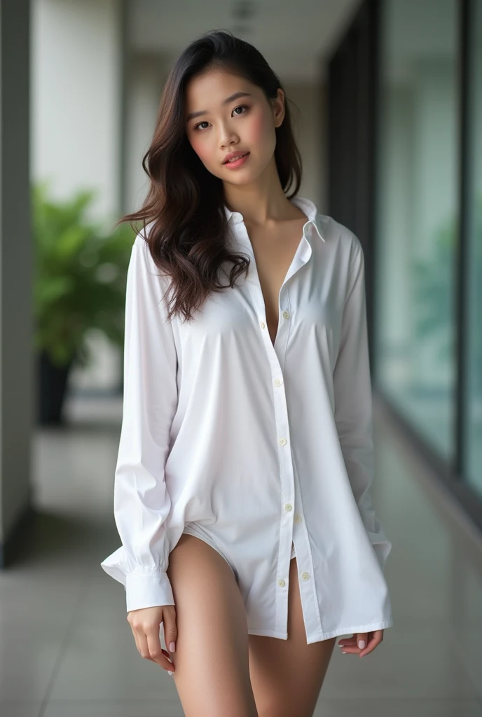 full body photo, beautiful woman from Indonesia, 20 years old, wearing a very thin white shirt, no pants or bra, breasts visible, body perfectly proportioned, standing near the window, face in the shade, facing the window, raining outside, bed background messy , coffee drinking pose, real reflection of woman in window, hyperrealistic, photorealistic, ultra HD, detailed textures, full body, 8K image.