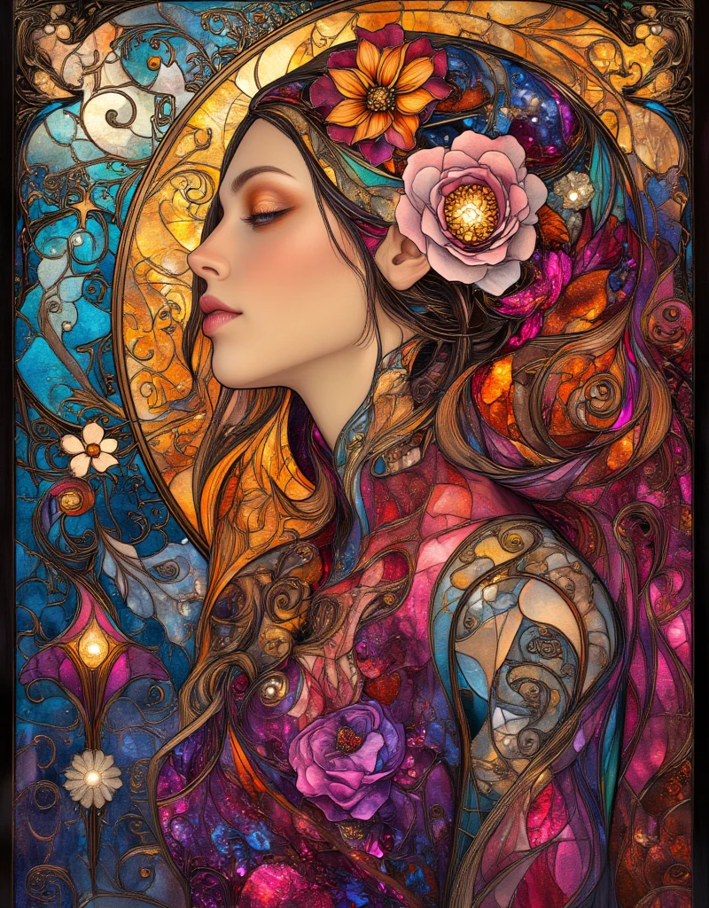 Stained Glass, a woman with long hair and flowers in her hair, hippie girl, beautiful retro art, hot summertime hippie, 7 0 s vibe, 1960s flower power hippy, groovy vibe, art deco flower shaman, woman in flowers, mucha vibe, flower , 70s psychedelic style, 7 0 s vintage art, psychedelic art nouveau, ArsMJStyle, Art Deco, in the style of james-jean