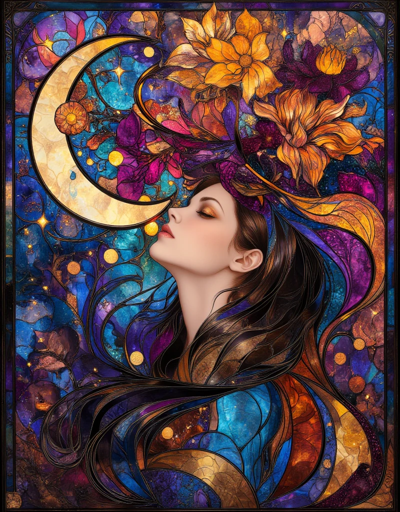 Stained Glass, a woman with long hair and flowers in her hair, hippie girl, beautiful retro art, hot summertime hippie, 7 0 s vibe, 1960s flower power hippy, groovy vibe, art deco flower shaman, woman in flowers, mucha vibe, flower , 70s psychedelic style, 7 0 s vintage art, psychedelic art nouveau, ArsMJStyle, Art Deco, in the style of james-jean