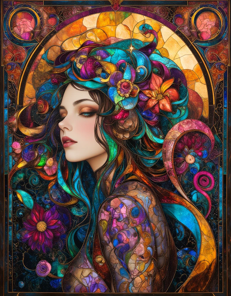 Stained Glass, a woman with long hair and flowers in her hair, hippie girl, beautiful retro art, hot summertime hippie, 7 0 s vibe, 1960s flower power hippy, groovy vibe, art deco flower shaman, woman in flowers, mucha vibe, flower , 70s psychedelic style, 7 0 s vintage art, psychedelic art nouveau, ArsMJStyle, Art Deco, in the style of james-jean