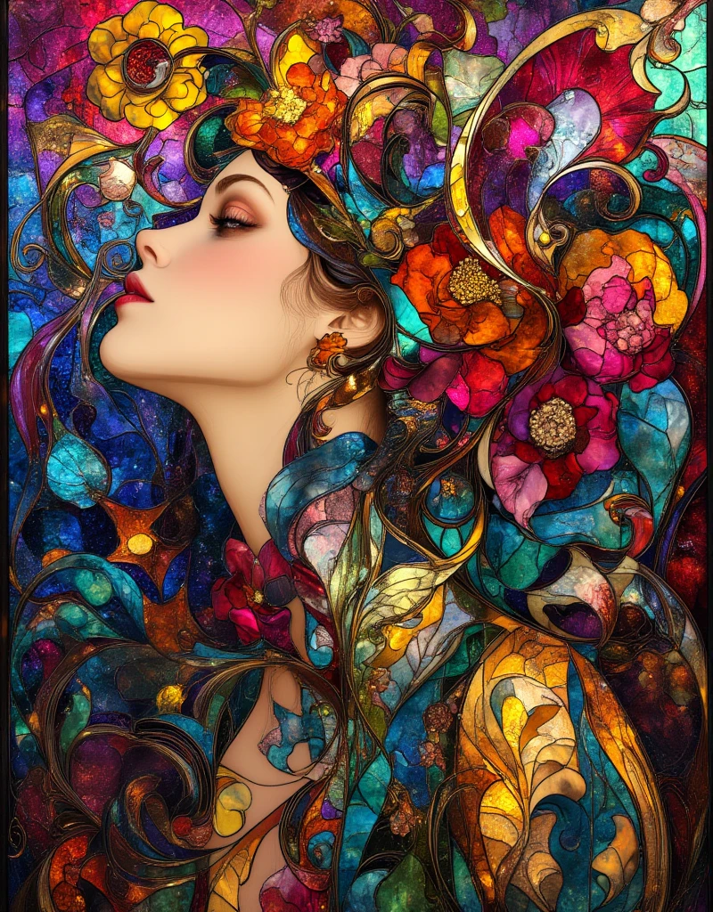 Stained Glass, a woman with long hair and flowers in her hair, hippie girl, beautiful retro art, hot summertime hippie, 7 0 s vibe, 1960s flower power hippy, groovy vibe, art deco flower shaman, woman in flowers, mucha vibe, flower , 70s psychedelic style, 7 0 s vintage art, psychedelic art nouveau, ArsMJStyle, Art Deco, in the style of james-jean