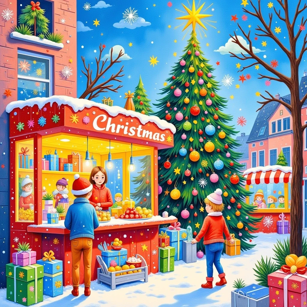 A Christmas tree and market stall with gifts, fruits, and vegetables in the snow, in the style of David Hockney. The painting features bright colors, a pastel palette, and soft brush strokes, using the medium of gouache. The Christmas tree is decorated with colorful lights, and greenery adorns the top. A warm light illuminates the stalls, which are full of presents, creating a festive Christmas atmosphere on a sunny day in the city street.