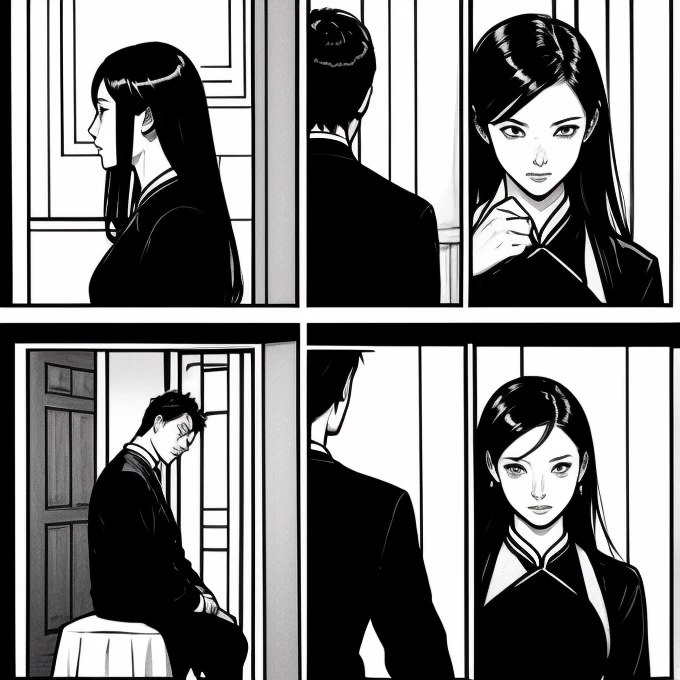 black with black and white comic ,4 scene photos 、The final frame is Chinese style