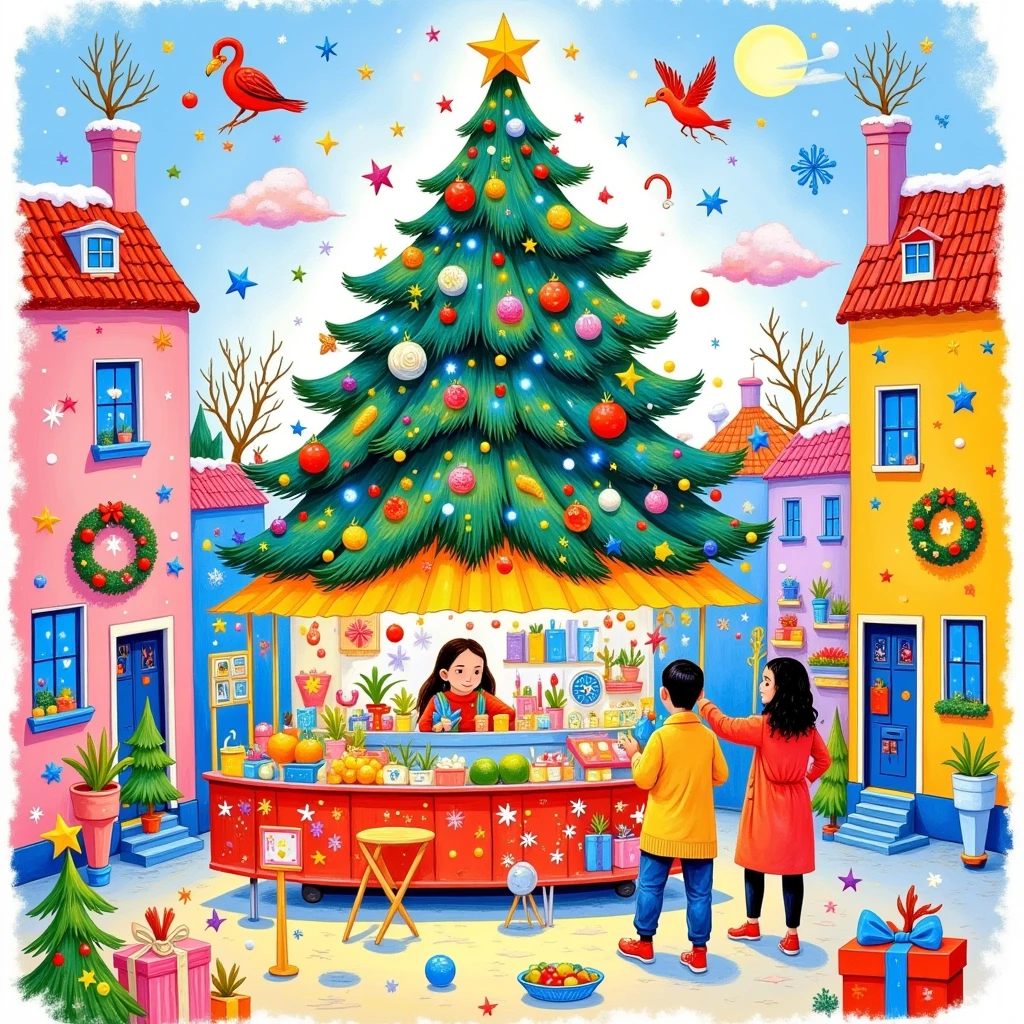 A Christmas tree and market stall with gifts, fruits, and vegetables in the snow, in the style of David Hockney. The painting features bright colors, a pastel palette, and soft brush strokes, using the medium of gouache. The Christmas tree is decorated with colorful lights, and greenery adorns the top. A warm light illuminates the stalls, which are full of presents, creating a festive Christmas atmosphere on a sunny day in the city street.