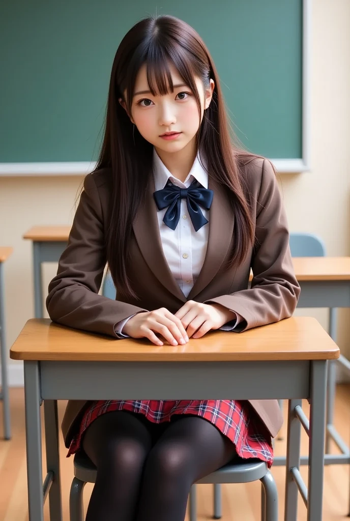 1girl, black legwear, blazer, bow, bowtie, brown eyes, brown hair, brown jacket, chair, chalkboard, classroom, desk, indoors, jacket, loafers, looking at viewer, photo \(medium\), plaid, plaid bow, plaid skirt, red skirt, school desk, school uniform, shoes, skirt, solo