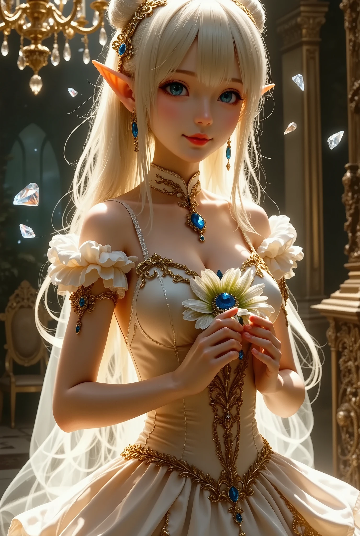 Dramatic composition, Court dress, Royal, nice, Cascading Ruffles, Raffle, bow,  Crystal Chandelier , Swirl Hairstyles, Place,  drill-like double ponytail ,  camera , bangs,  Maximalism  , Palace-like background, Delicate depiction of hair and eyes,  Princess Dress , nice skirts, Flowers in hands, smile, Starry Eyes, Cinematic Light, Extremely detailed,  High Definition ,  happy girl ,  long hair,  diamond with s, broken  diamond with s, Crystal Fragment, Particles of light