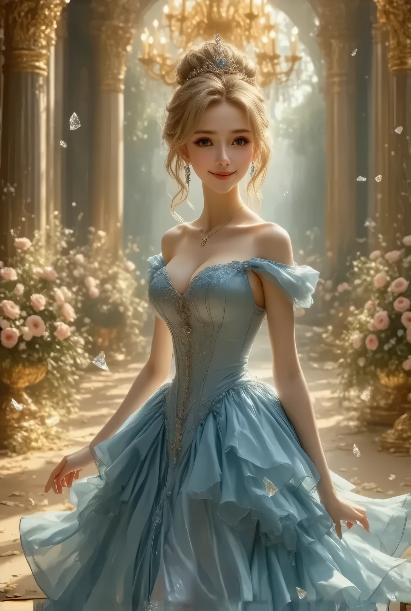 Dramatic composition, Court dress, Royal, nice, Cascading Ruffles, Raffle, bow,  Crystal Chandelier , Swirl Hairstyles, Place,   drill-like double ponytail ,  camera , bangs,   Maximalism  , Palace-like background, Delicate depiction of hair and eyes,  Princess Dress , nice skirts, Flowers in hands, smile, Starry Eyes, Cinematic Light, Extremely detailed,   High Definition ,  happy girl ,  long hair,  diamond with s, broken  diamond with s, Crystal Fragment, Particles of light