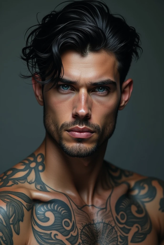 A boy around 25 years old with tattoos, dark hair, blue eyes, and beautiful facial features, with a body with abs and a bit muscular.
