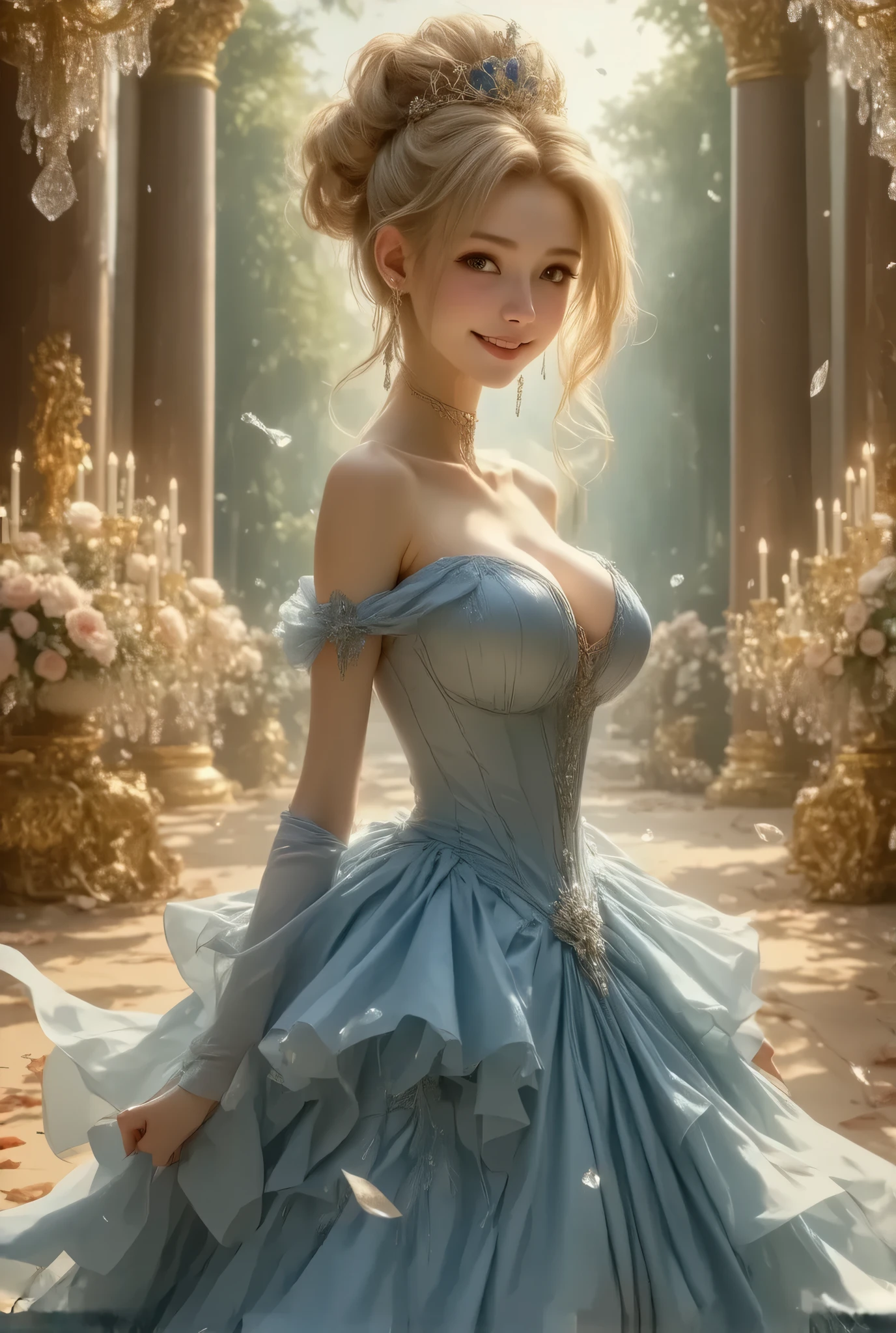 Dramatic composition, Court dress, Royal, nice, Cascading Ruffles, Raffle, bow,  Crystal Chandelier , Swirl Hairstyles, Place,   drill-like double ponytail ,  camera , bangs,   Maximalism  , Palace-like background, Delicate depiction of hair and eyes,  Princess Dress , nice skirts, Flowers in hands, smile, Starry Eyes, Cinematic Light, Extremely detailed,   High Definition ,  happy girl ,  long hair,  diamond with s, broken  diamond with s, Crystal Fragment, Particles of light