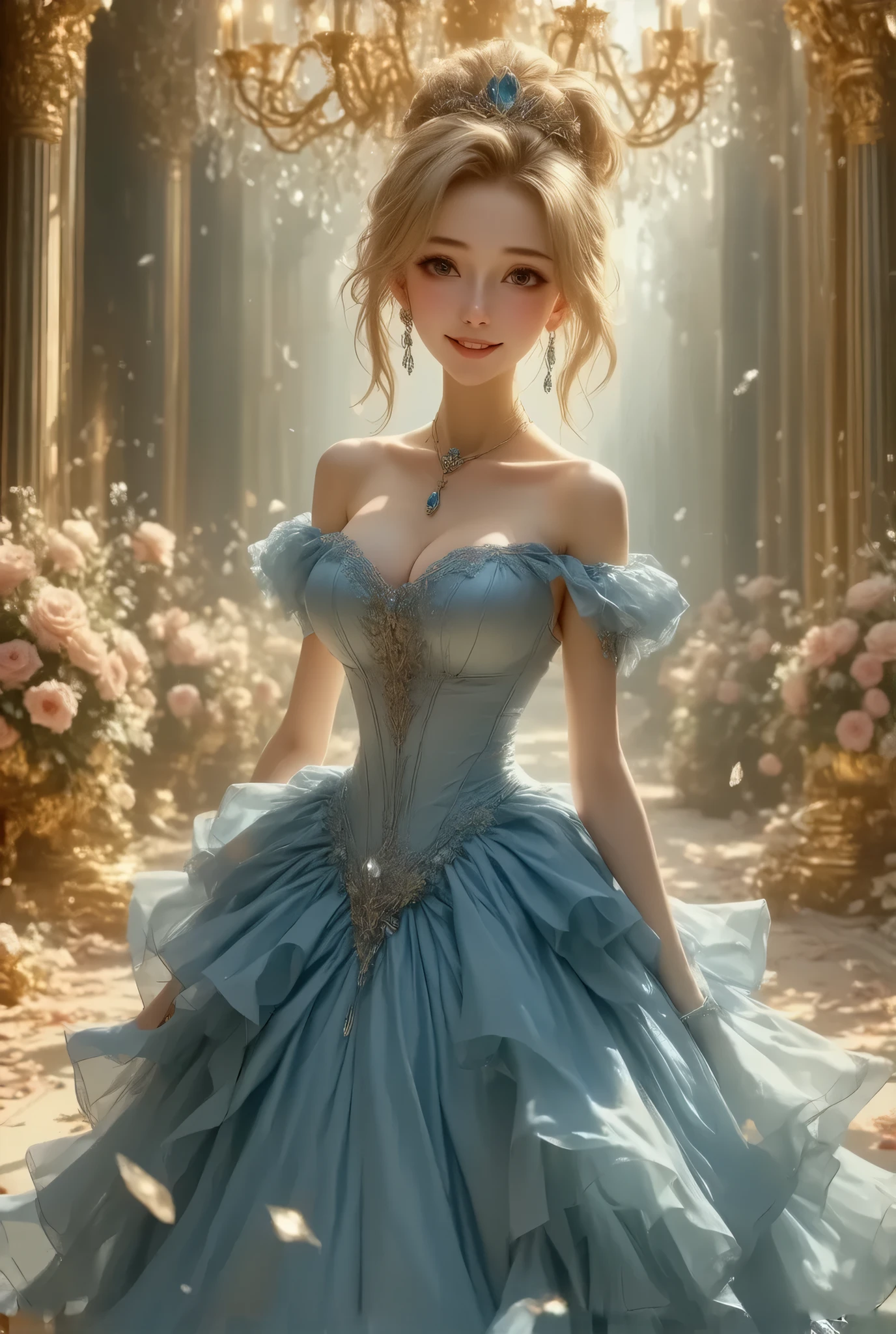 Dramatic composition, Court dress, Royal, nice, Cascading Ruffles, Raffle, bow,  Crystal Chandelier , Swirl Hairstyles, Place,   drill-like double ponytail ,  camera , bangs,   Maximalism  , Palace-like background, Delicate depiction of hair and eyes,  Princess Dress , nice skirts, Flowers in hands, smile, Starry Eyes, Cinematic Light, Extremely detailed,   High Definition ,  happy girl ,  long hair,  diamond with s, broken  diamond with s, Crystal Fragment, Particles of light