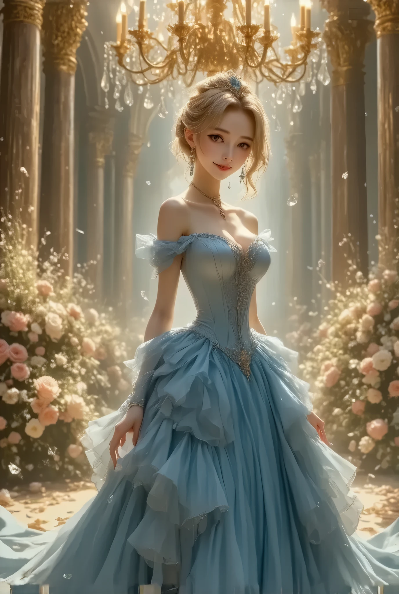 Dramatic composition, Court dress, Royal, nice, Cascading Ruffles, Raffle, bow,  Crystal Chandelier , Swirl Hairstyles, Place,   drill-like double ponytail ,  camera , bangs,   Maximalism  , Palace-like background, Delicate depiction of hair and eyes,  Princess Dress , nice skirts, Flowers in hands, smile, Starry Eyes, Cinematic Light, Extremely detailed,   High Definition ,  happy girl ,  long hair,  diamond with s, broken  diamond with s, Crystal Fragment, Particles of light