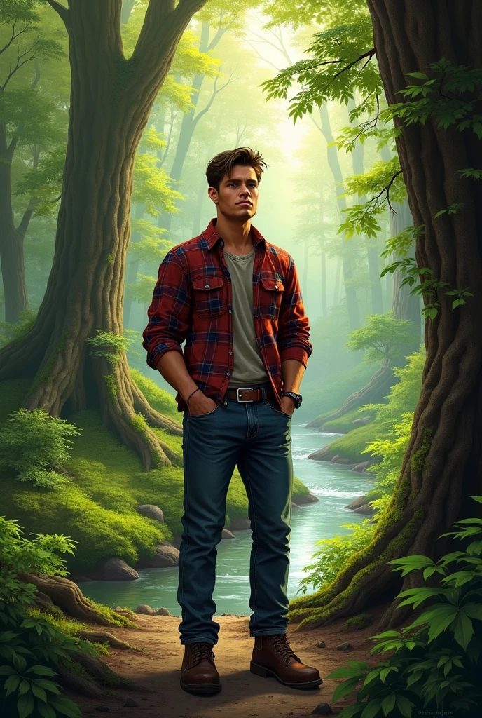 in roberto ferri art style, slender young man, shirtless, barefoot, pantless, next to a river, candid imagen, natural lighting, becoming the subject composition, vibrant colors, complementary colors, perfect composition, beautiful, slender, handsome young man, detailed muscles, realistic skin, You can see his veins, standing in the middle of a path in the jungle, his confident look, his masculine countenance, seductive look, wearing a towell, shirtless, pantsless, barefoot, next to a calm river, foxes, birds butterflies