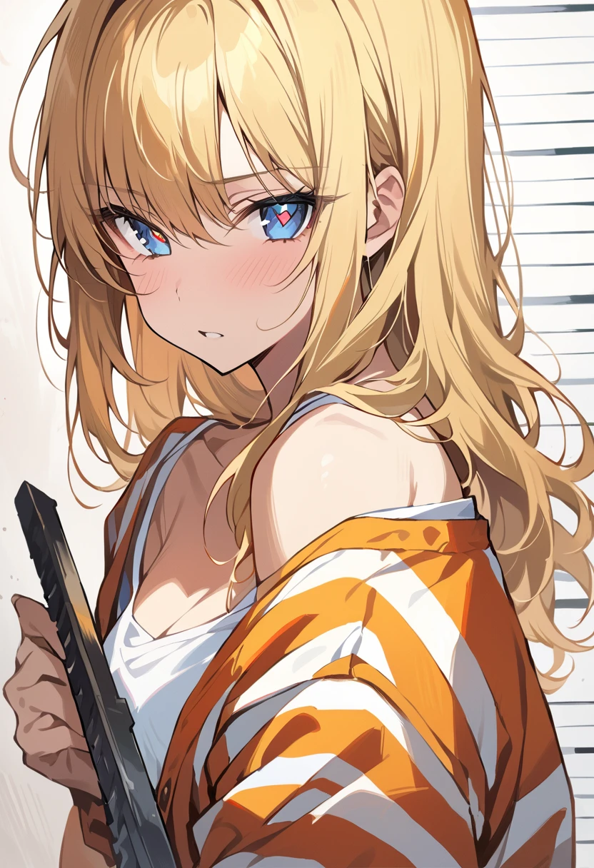 masterpiece, best quality, illustration, mugshot, height chart, 1girl, upper body, holding sign, looking at viewer, messy long blonde hair, narrowed blue eyes, prison clothes, striped shirt
 best quality, masterpiece, ï¼looking_at_viewer, cross-shaped_pupils, highres, sunbeam, solo, 1girl, white_camisole, power_\(chainsaw_man\)