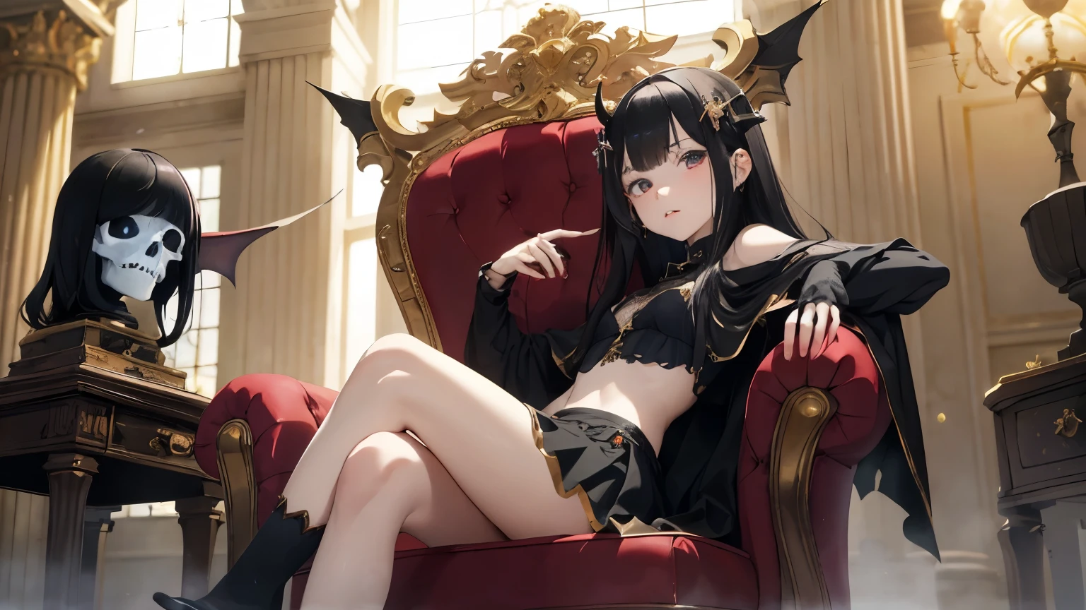 highest quality, masterpiece, ultra high resolution,detailed face,detailed eyes,detailed feet,five fingers,two legs,1 girl,succubus,sexy,A woman with adult charm,look down here,angle from below,close distance,emphasize the legs,sit,cross your legs,barefoot,put one foot in front of the other,black hair,straight long,mini skirt,Tube top,belly button,uterus shape tattoo,suite,eyes are heart,blush,Trance,smile,luxury chair,dark,night,luxury room,candlestick,fire,