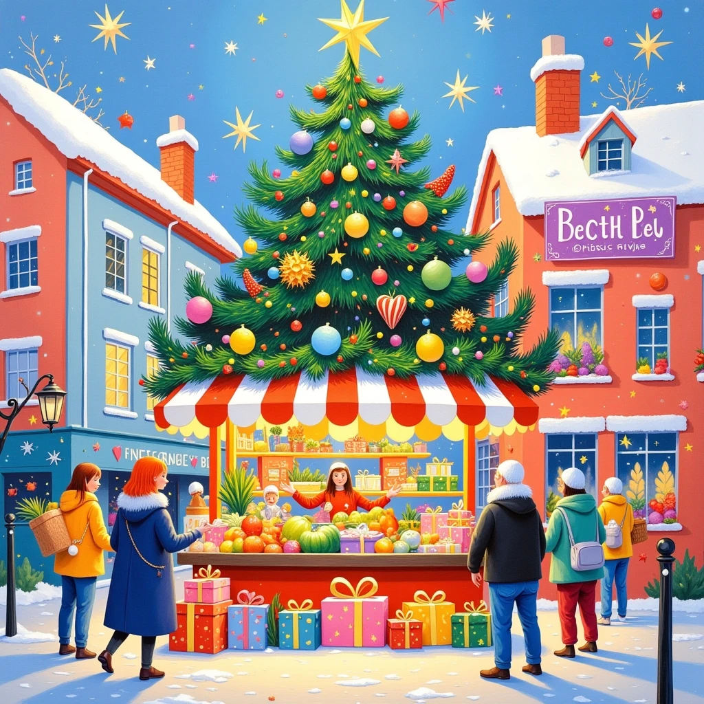 A Christmas tree and market stall with gifts, fruits, and vegetables in the snow, in the style of David Hockney. The painting features bright colors, a pastel palette, and soft brush strokes, using the medium of gouache. The Christmas tree is decorated with colorful lights, and greenery adorns the top. A warm light illuminates the stalls, which are full of presents, creating a festive Christmas atmosphere on a sunny day in the city street.