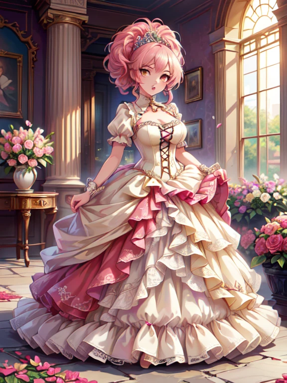 (( Moe anime art style :1.1)), (((masterpiece))), ((( top quality ))), ((( super high res))), (((8k))), ((( very detailed))), (((Solo Girl))), (18 years old), (( full body )), (((Super Clear and Beautiful Face ,  beautiful lips,  beautiful eyes))), ((( pink hair, Fluffy ponytail, Curly Hair, Expressive hair,  Very Voluminous Long Hair ))), ((Deep red taffeta material)), ((Dense Lace , ,  lots of frills )), ((( Full Length Crinoline Hoop Skirt ,   Beautiful and Luxurious Rococo Victorian Ball Gown Dress))), ((Big Breasts)), ((Flowing Petals,  Beautiful Goddess with Big Eyes  , Lots of colorful flowers,  Classic Glass Botanic Garden )),,,  pink hair, Alone,  yellow eyes