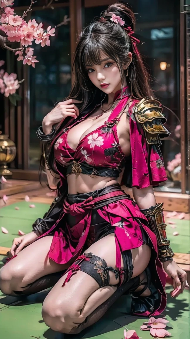   sexy female character ,  that is Warrior from the Sengoku period is dressed up  、(( tight body ))、  tight body 、  a sexy female figure dressed as a warrior from the Sengoku period  、  The sakura armor with a cherry blossom pattern ,  engraved on it ,  is of the bikini type and is designed ,  that accentuates the chest 、  wears a pink cape  、  super mini skirts  、 A shin pad with engraved cherry blossom leaves 、 red high legwear 、 sakura stockings  、 Absolute domain 、(Full body)、((  sits flat on the ground with legs bent backwards ))、  looks at the camera、  strong yet elegant atmosphere  、 She holds a sword with sharp eyes  、  front、  that is still ready ,  to take on the battle  、 The background is a battlefield with cherry blossoms scattered all over 、  she has plump breasts and plump thighs  、  super high resolution and realistic touch  、  shiny armor and fabric texture  、  shows dynamic Poses in every detail  、