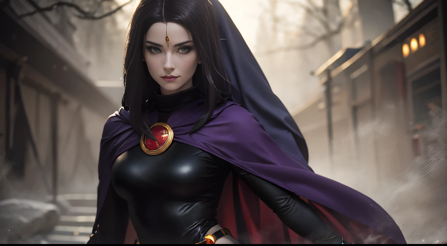 enji night as 1girl, cowboy shot of raven cosplay, pale skin, black leotard, turtleneck, tights, large sexy hips, cape,  gold belt, jewels, medallion, athletic, looking at viewer, mist, fog, volumetric lighting, best quality, masterpiece, intricate details, sharp focus, realistic, fazendo sexo anal