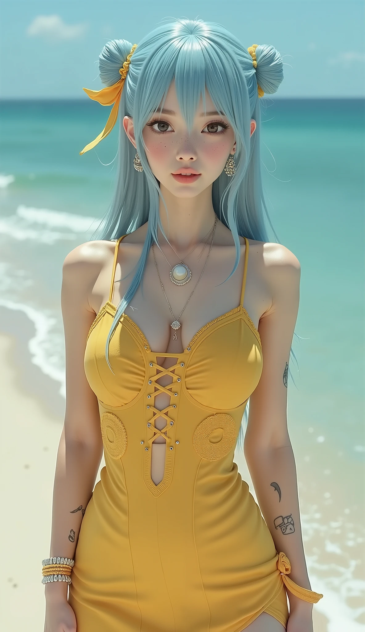 high definition, a photo of a normal Chinese girl with messy hair and skin imperfections her face, (((yellow top hat))), (((pale perky breasts))), (((hungry))), (wearing blue panties), (((shorts))), (((summer beach))), cinestill t, (at day), f, award winning, shallow depth of field, fujifilm xt, mm, film grain, tanned skin, tattoos Skull