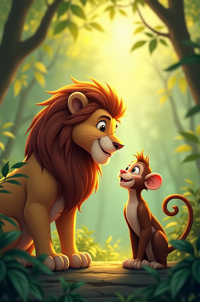 Prompt: The lion, monkey, and sparrow happily playing together in the jungle, with smiles and laughter, enjoying their friendship.