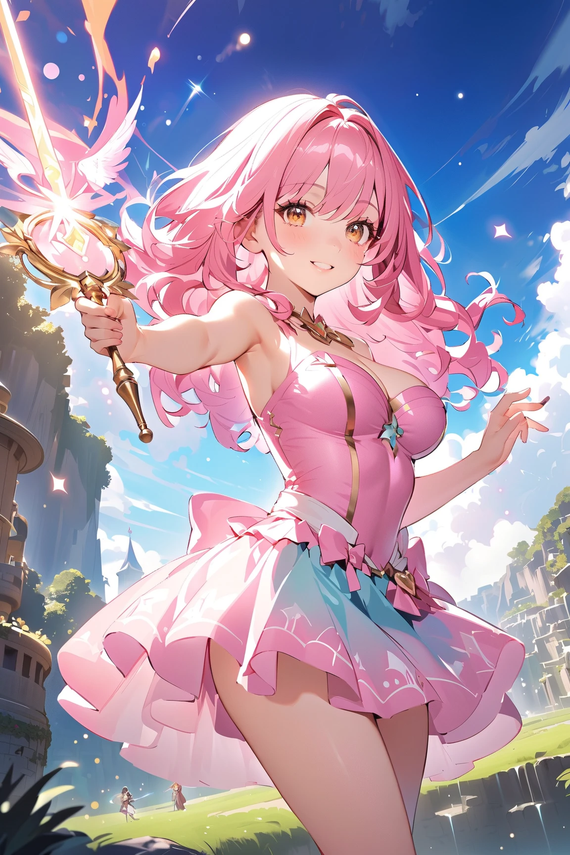 (1girl in:1.2), (Solo:1.2), masutepiece, nffsw、Shaders、Brilliant Textured Work、(NSFW:0.8)、Pink hair、Magical Girl Clothes、Cosplay、Dancing、Navel、Pink garments、Fluttering skirt、Long gloves、Large Gemstone Brooch、Sapphire Eye、Crisp open eyes、roundly eyes、Sparkling eyes、Angel smile、Fantasy world scenery、piercings、Cute boots、Magic cane、White Casket Hat、