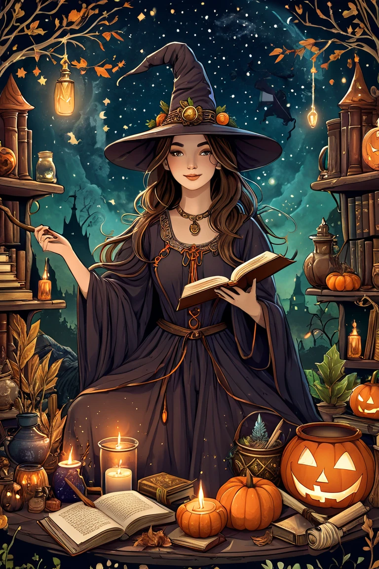  A book cover with the title 'Ancient Prayers and Blessings' ,  featuring a detailed illustration of a witch with a pointed hat and a wand,  surrounded by magical elements such as books , candles, pumpkins, jars and a cauldron .  The background must include a starry sky and natural elements such as leaves and branches ,  with a dark color palette and shades of green ,  orange and brown ,  creating a mystical and ancient atmosphere 