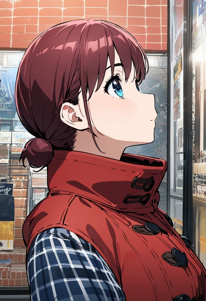   girl, Iseri Nina ,profile, in front of the store, looking up at the sky,Red Duffle Coat , muffler ,masterpiece,   top quality , 